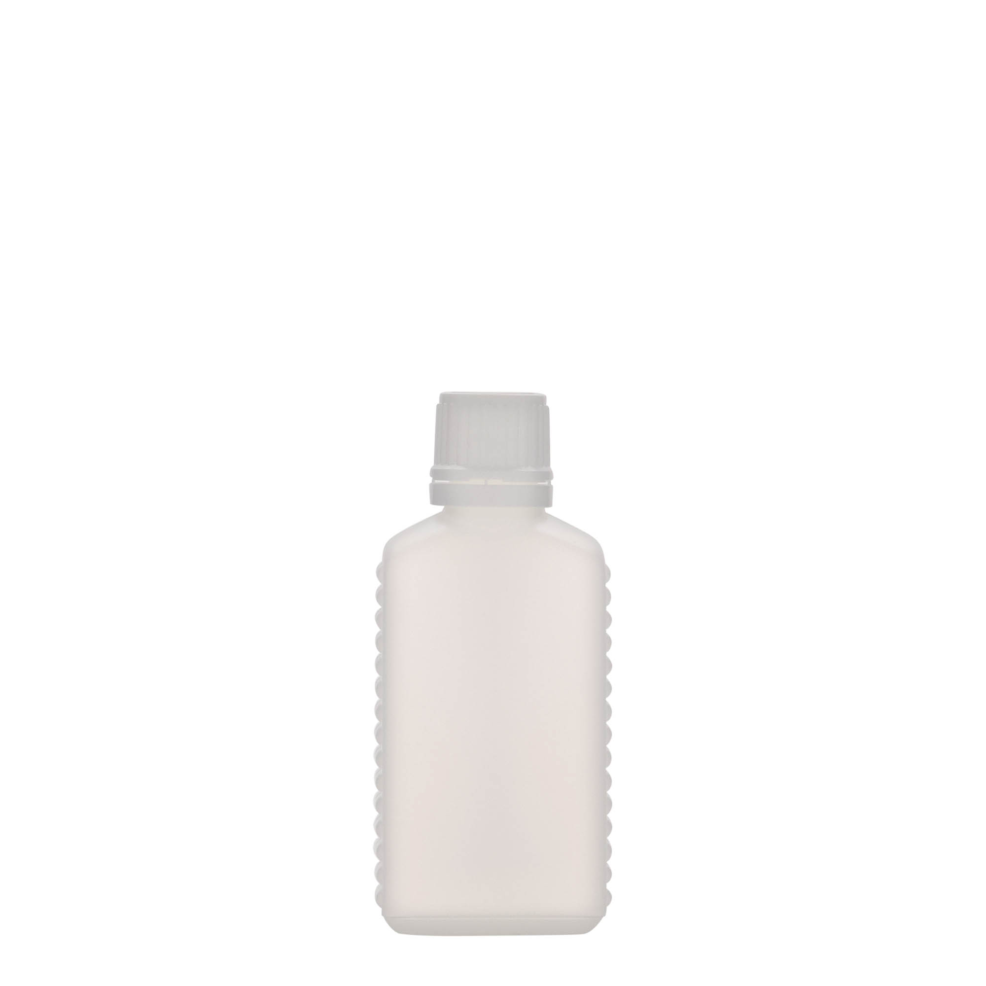 Bottiglia tanica da 50 ml, collo stretto, rettangolare, plastica HDPE, naturale, bocca: DIN 18