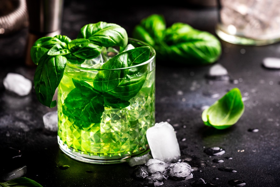 Ricetta del liquore al basilico Immagine d'atmosfera: bicchiere pieno di liquore al basilico disposto con foglie di basilico e cubetti di ghiaccio su uno sfondo scuro