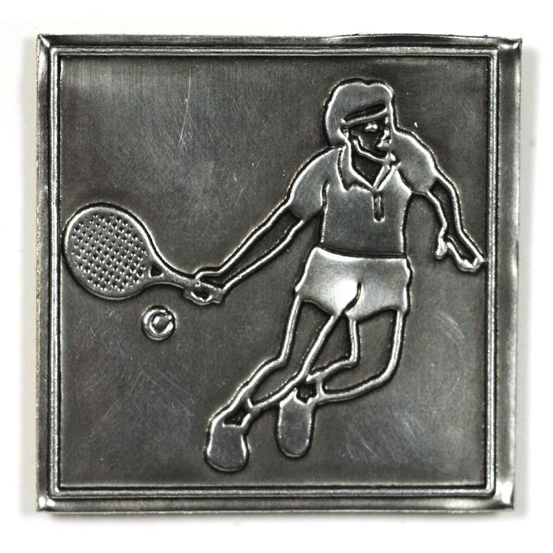 Etichetta in stagno 'Tennis', quadrata, metallo, argento
