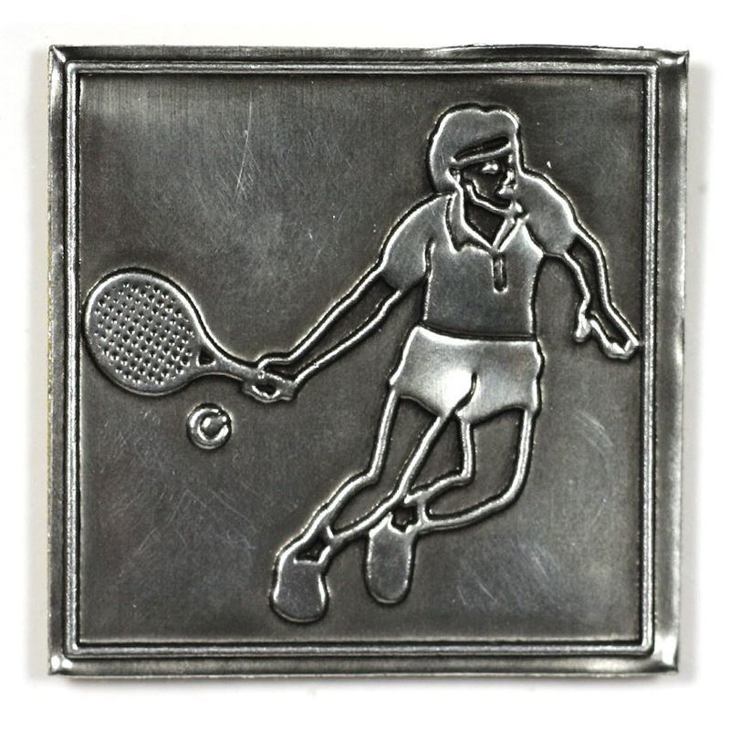 Etichetta in stagno 'Tennis', quadrata, metallo, argento
