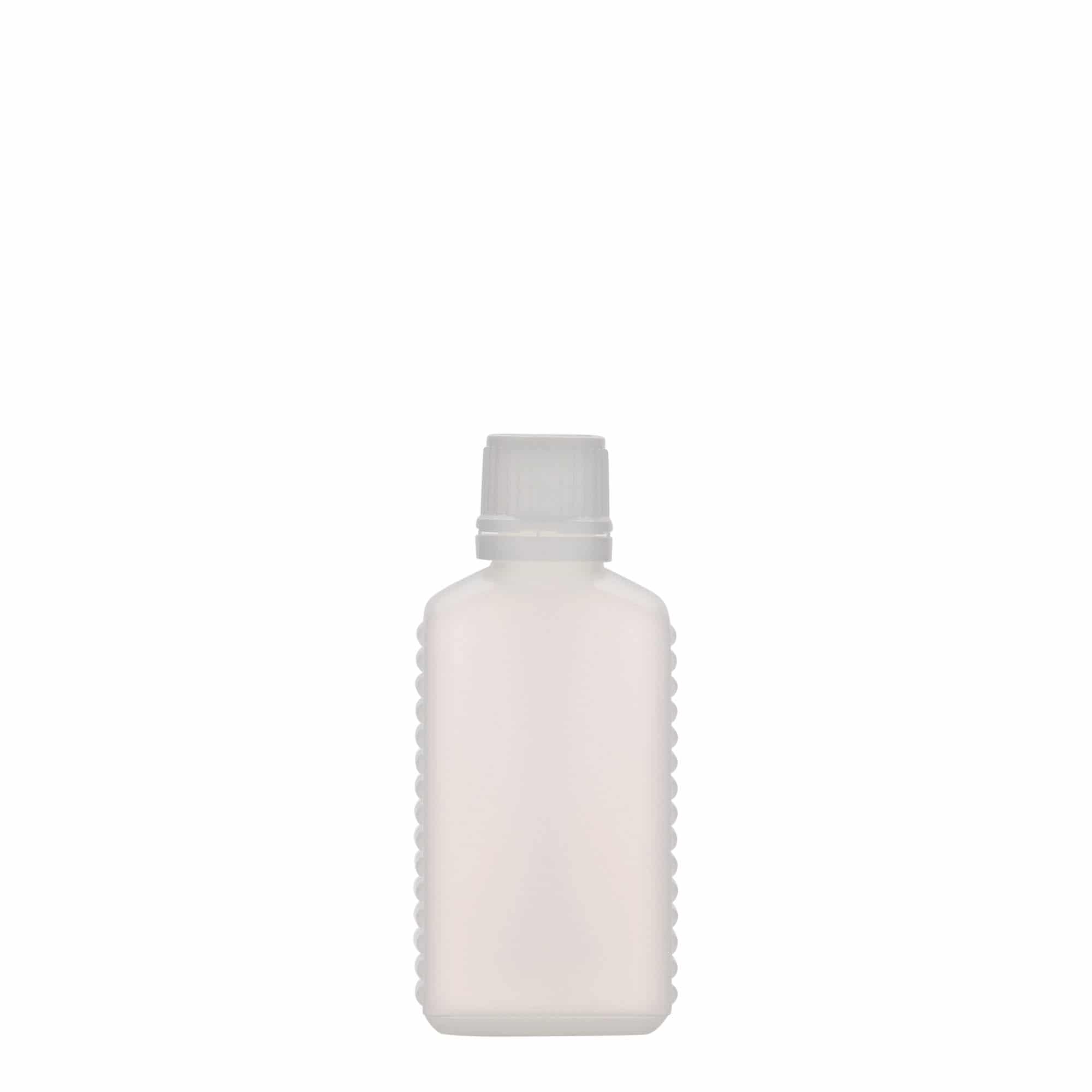 50 ml Bottiglia rettangolare, rettangolare, plastica HDPE, naturale, imboccatura: DIN 18