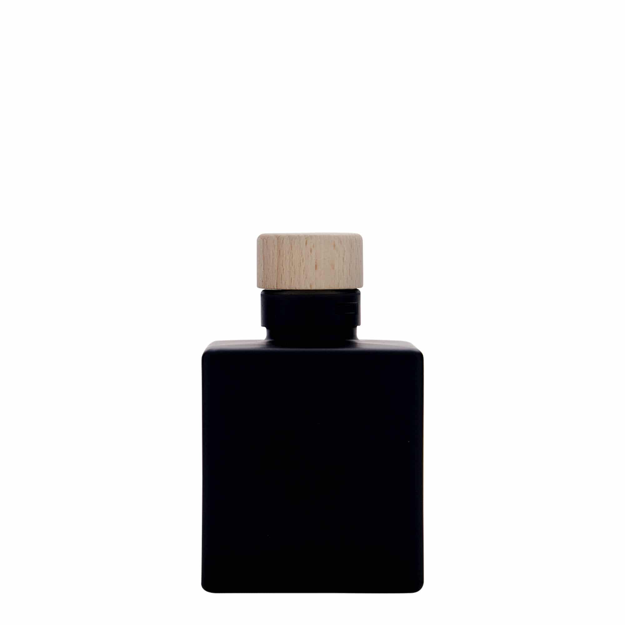 100 ml Bottiglia di vetro 'Cube', quadrata, nero, imboccatura: fascetta