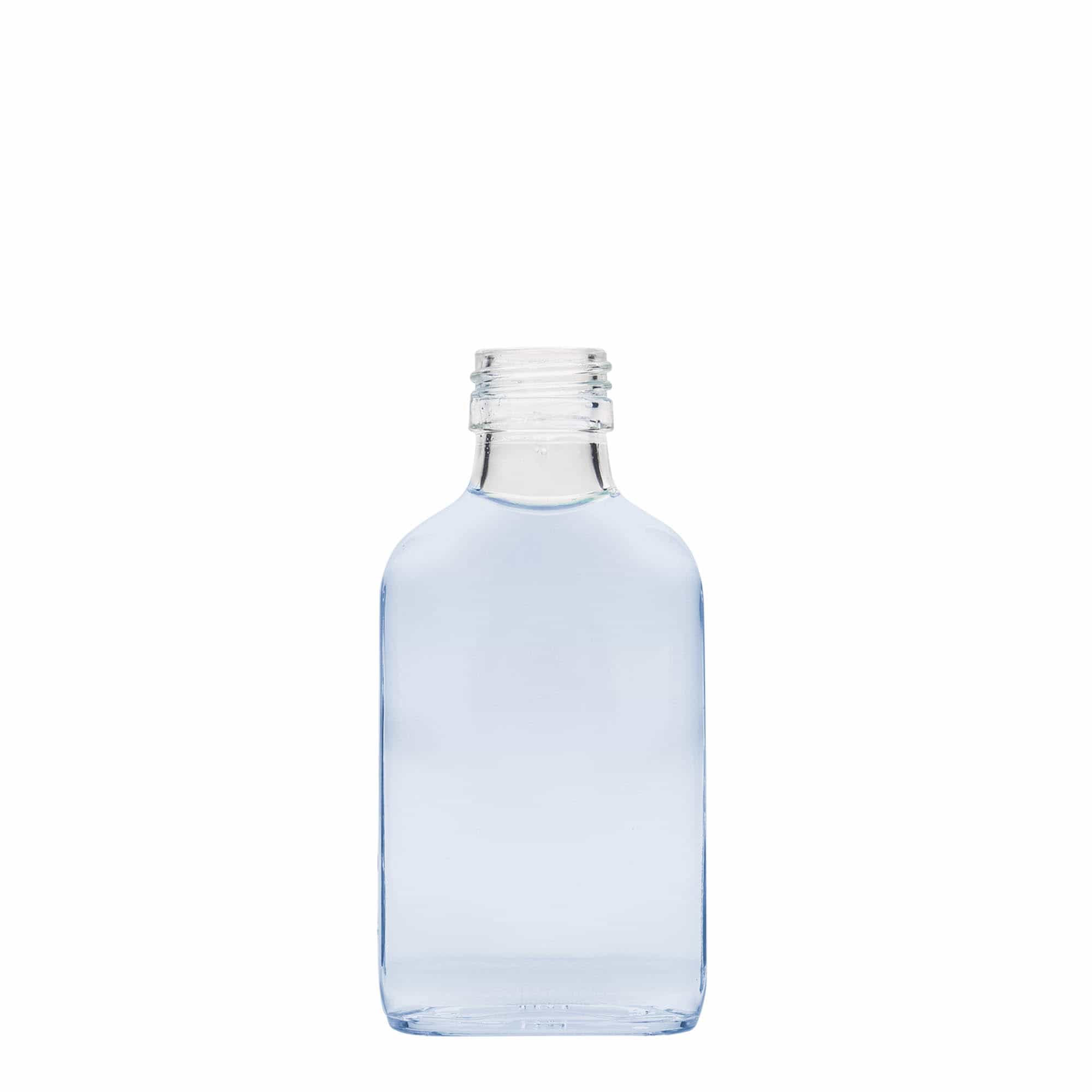 100 ml Fiaschetta tascabile, rettangolare, vetro, in vetro, imboccatura: PP 28