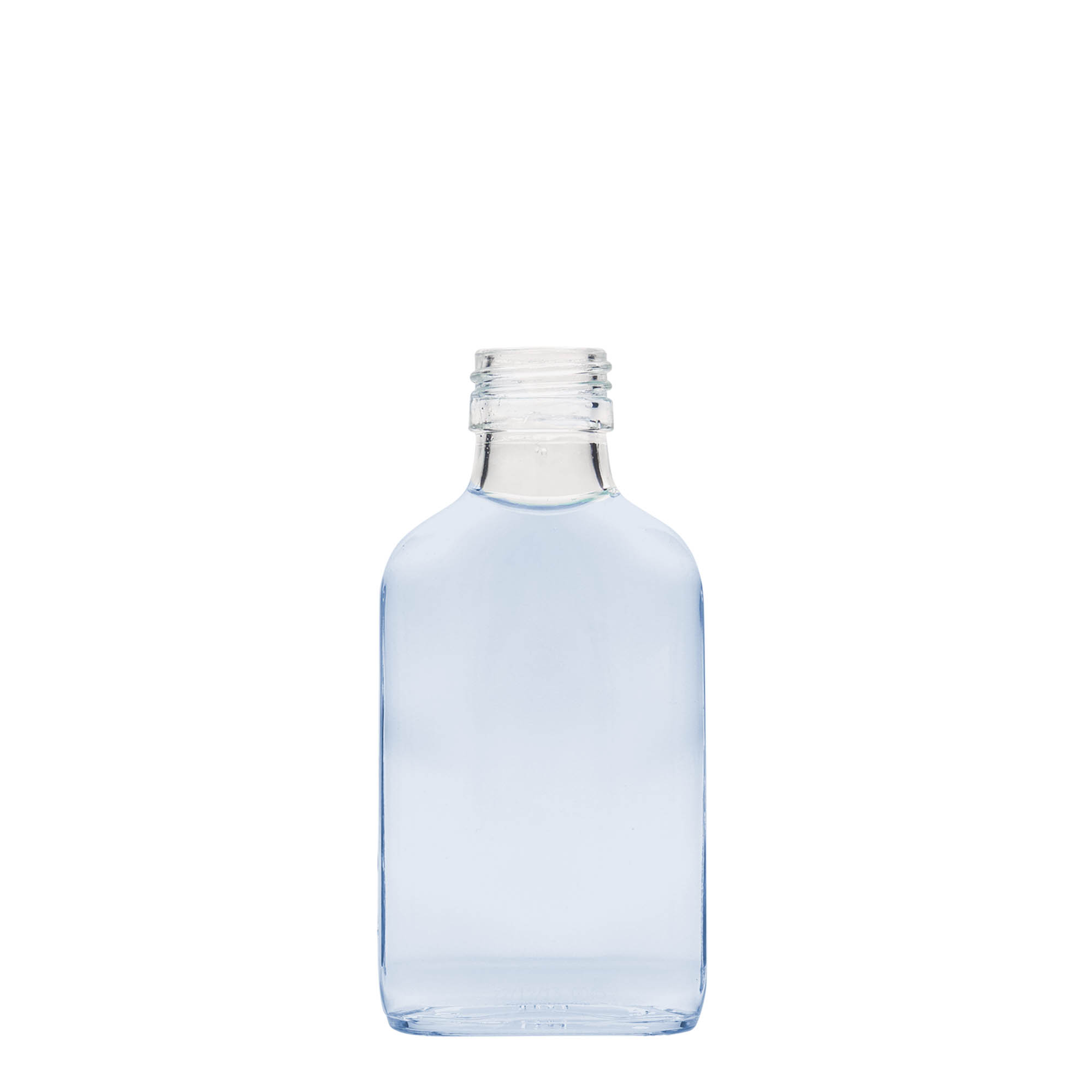 Bottiglia tascabile 100 ml, rettangolare, vetro, bocca: PP 28