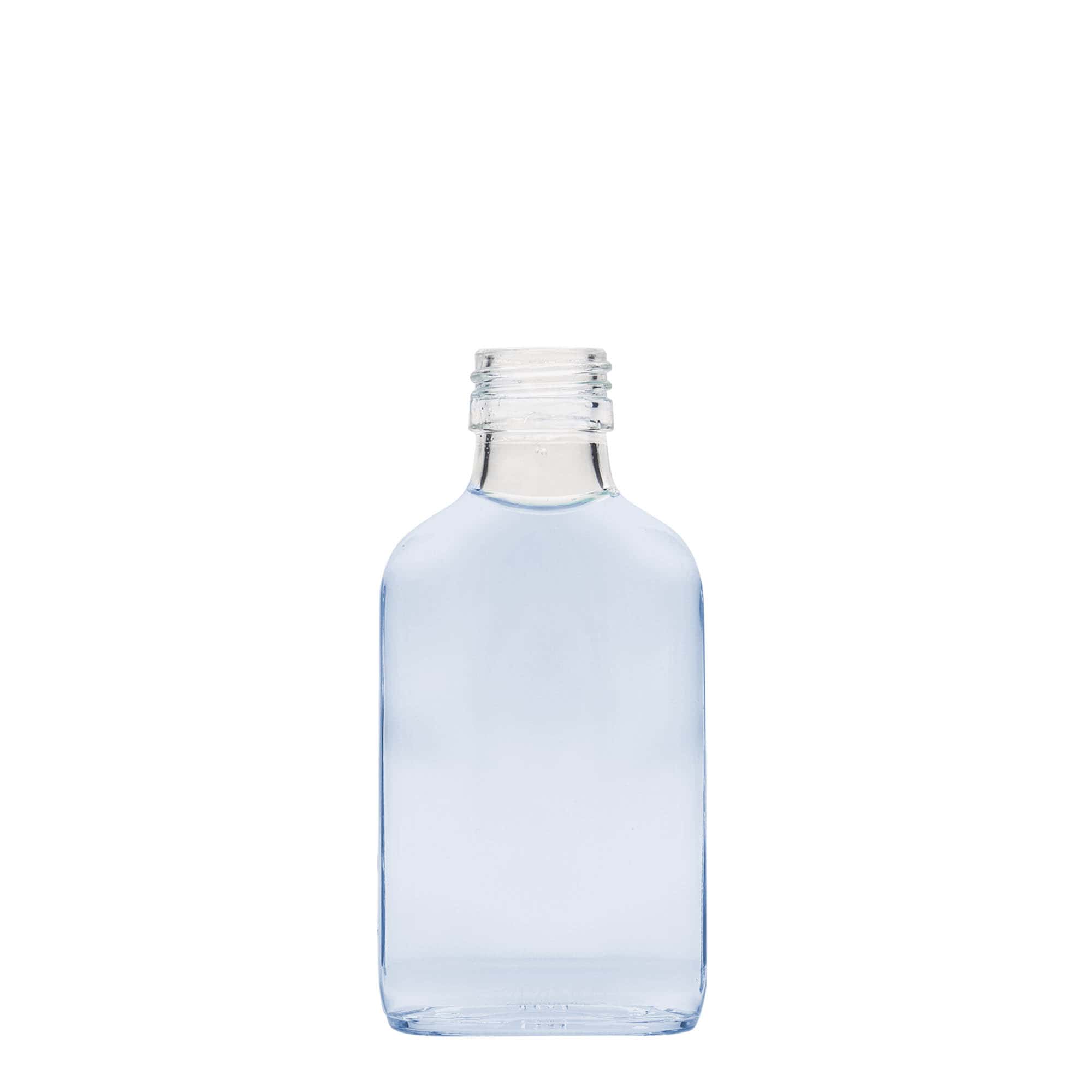 Bottiglia tascabile 100 ml, rettangolare, vetro, bocca: PP 28