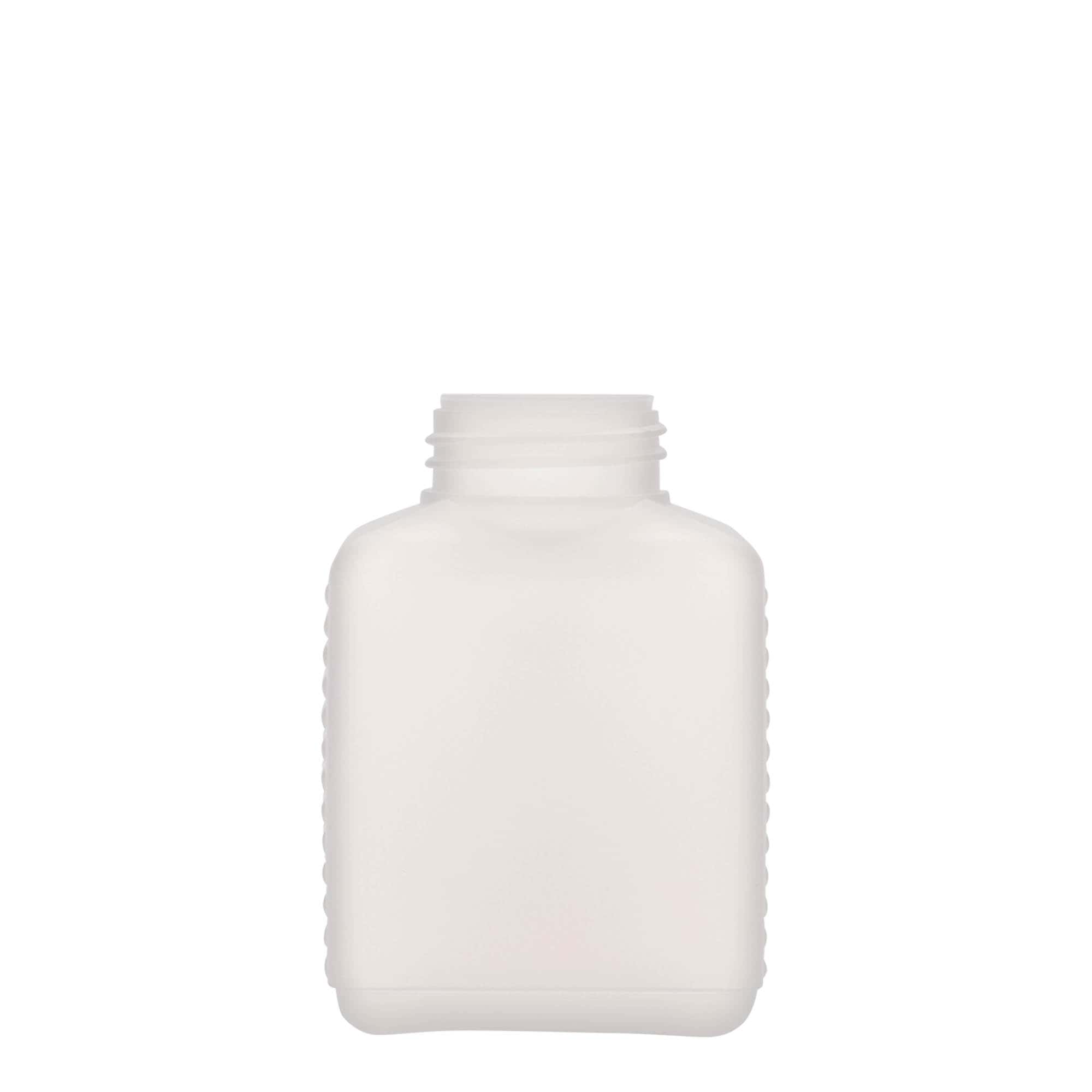 250 ml Bottiglia a bocca larga, rettangolare, plastica HDPE, naturale, imboccatura: DIN 40 EPE