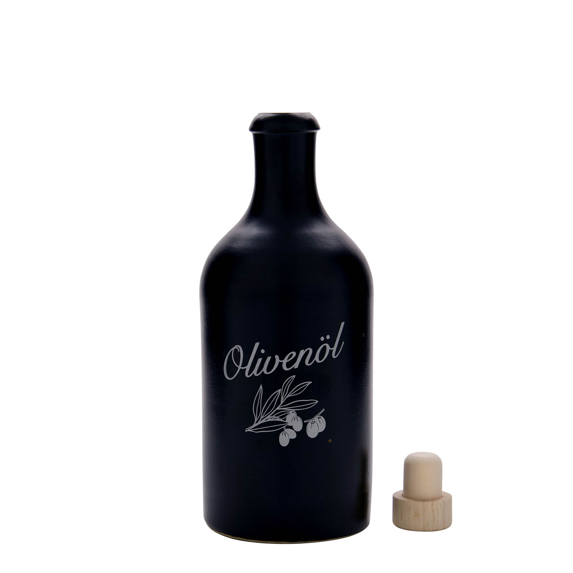 Boccale in terracotta da 500 ml, motivo: olio d'oliva, gres, nero, bocca: sughero Boccale in terracotta da 500 ml, motivo: olio d'oliva, gres, nero, bocca: sughero