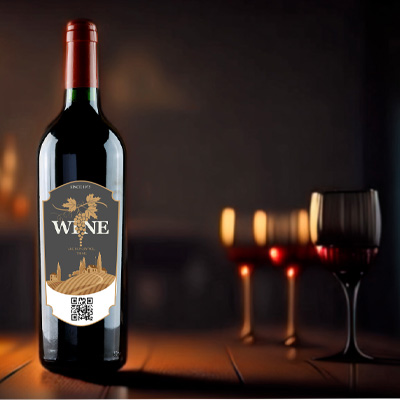 Etichettatura dei vini e QR Code Una bottiglia di vino con etichetta con codice a barre è posta accanto a tre bicchieri da vino, disposti su uno sfondo color legno con illuminazione atmosferica
