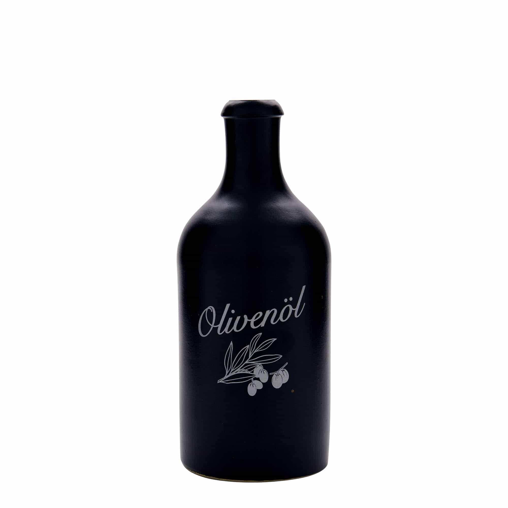 500 ml Bottiglia in ceramica, motivo: Olivenöl, ceramica grès, nero, imboccatura: fascetta 500 ml Bottiglia in ceramica, motivo: Olivenöl, ceramica grès, nero, imboccatura: fascetta