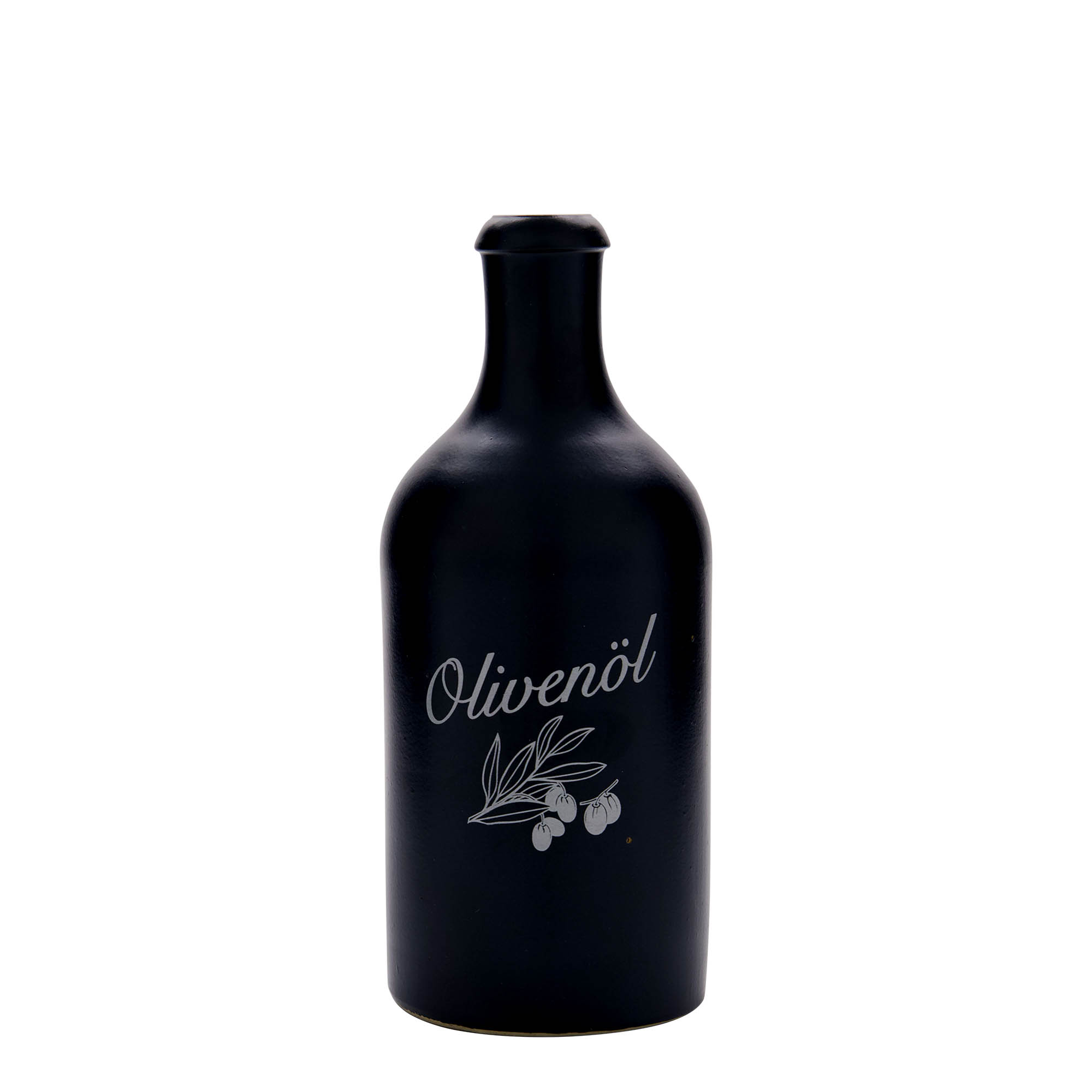 Boccale in terracotta da 500 ml, motivo: olio d'oliva, gres, nero, bocca: sughero Boccale in terracotta da 500 ml, motivo: olio d'oliva, gres, nero, bocca: sughero