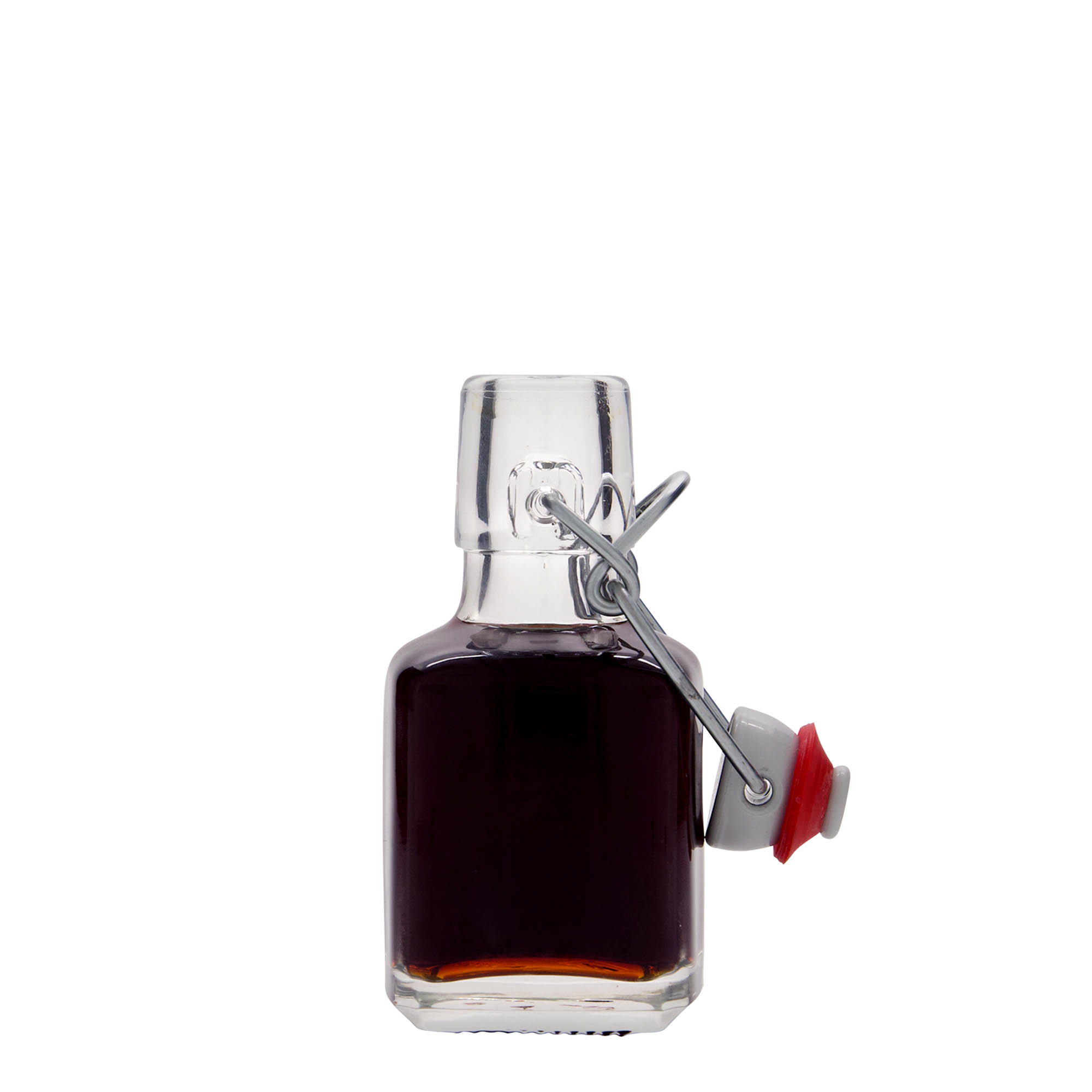 Bottiglia di vetro da 100 ml 'Kubica', quadrata, bocca: chiusura a gancio Bottiglia di vetro da 100 ml 'Kubica', quadrata, bocca: chiusura a gancio