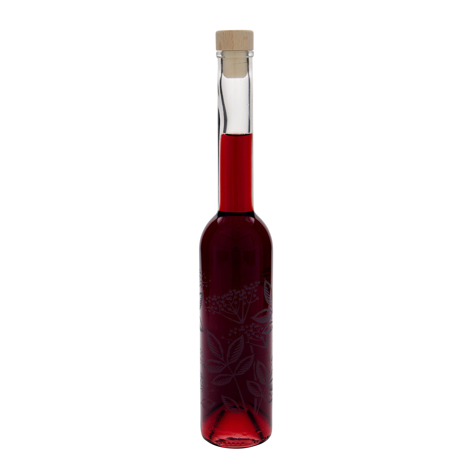 Bottiglia di vetro da 350 ml 'Opera', motivo: Sambuco, bocca: tappo di sughero Bottiglia di vetro da 350 ml 'Opera', motivo: Sambuco, bocca: tappo di sughero
