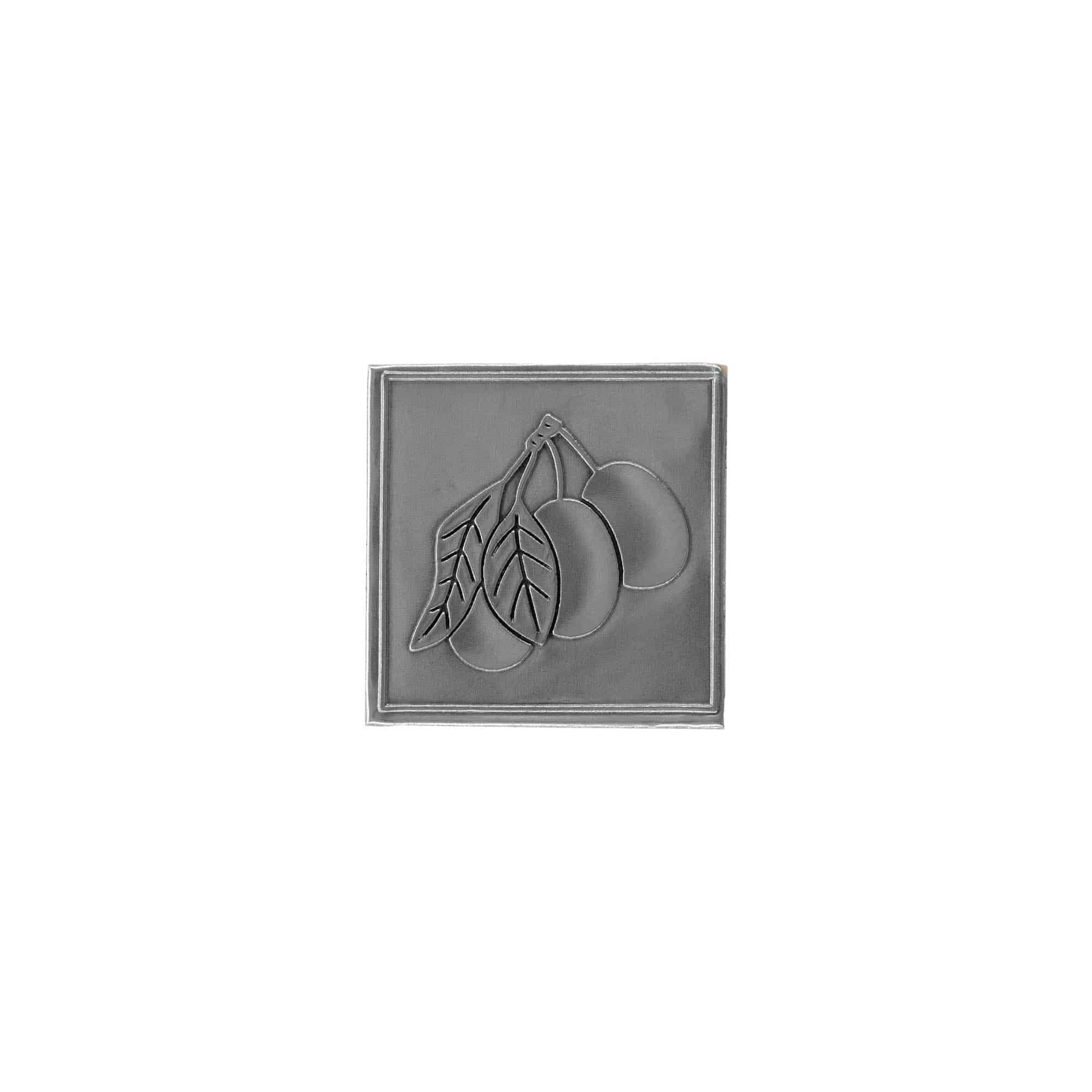Etichetta metallica 'Prugna', quadrata, stagno, argento