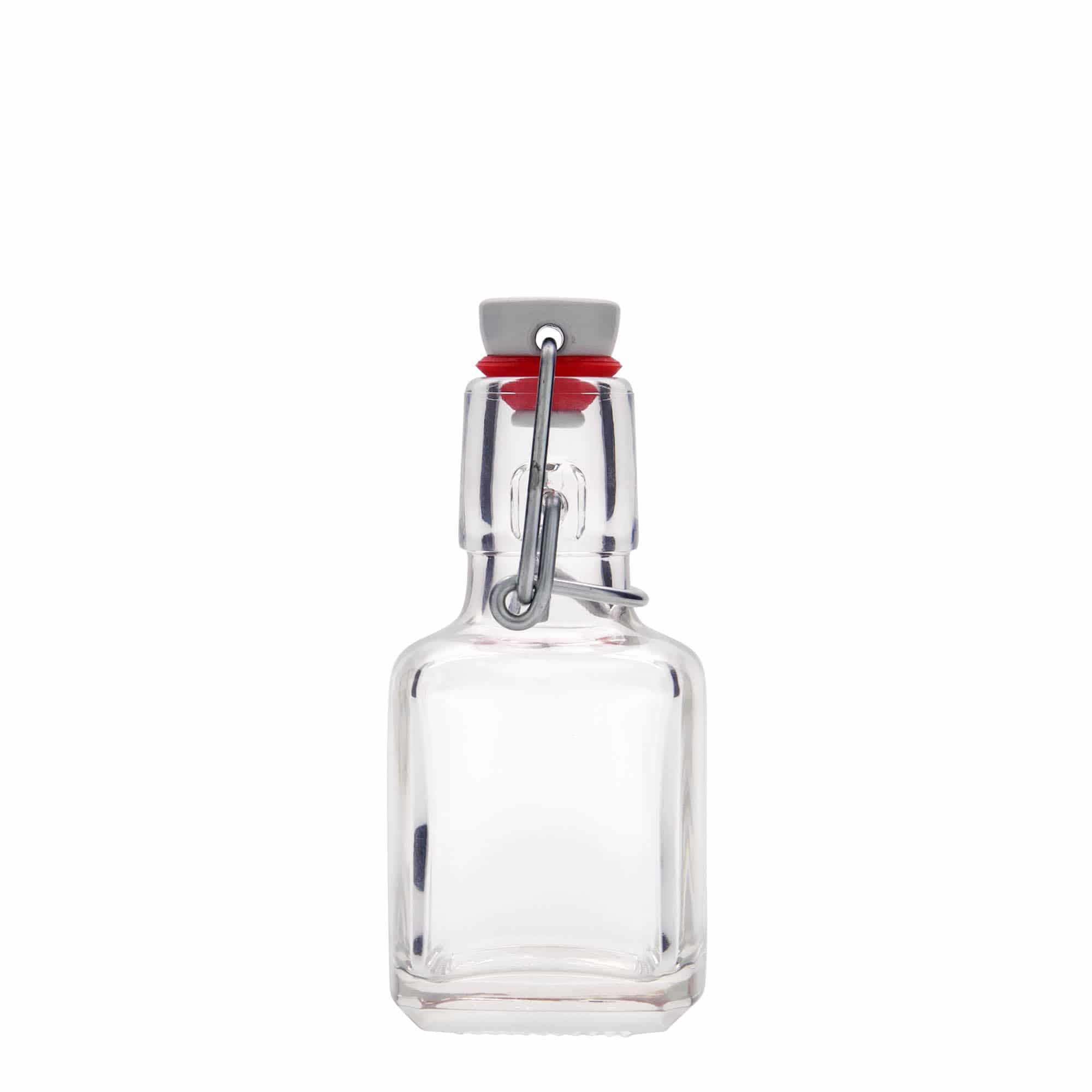 Bottiglia di vetro da 100 ml 'Kubica', quadrata, bocca: chiusura a gancio Bottiglia di vetro da 100 ml 'Kubica', quadrata, bocca: chiusura a gancio