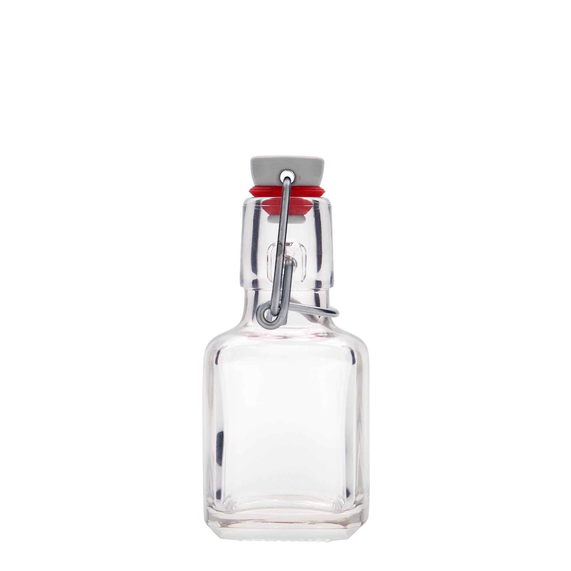 Bottiglia di vetro da 100 ml 'Kubica', quadrata, bocca: chiusura a gancio Bottiglia di vetro da 100 ml 'Kubica', quadrata, bocca: chiusura a gancio