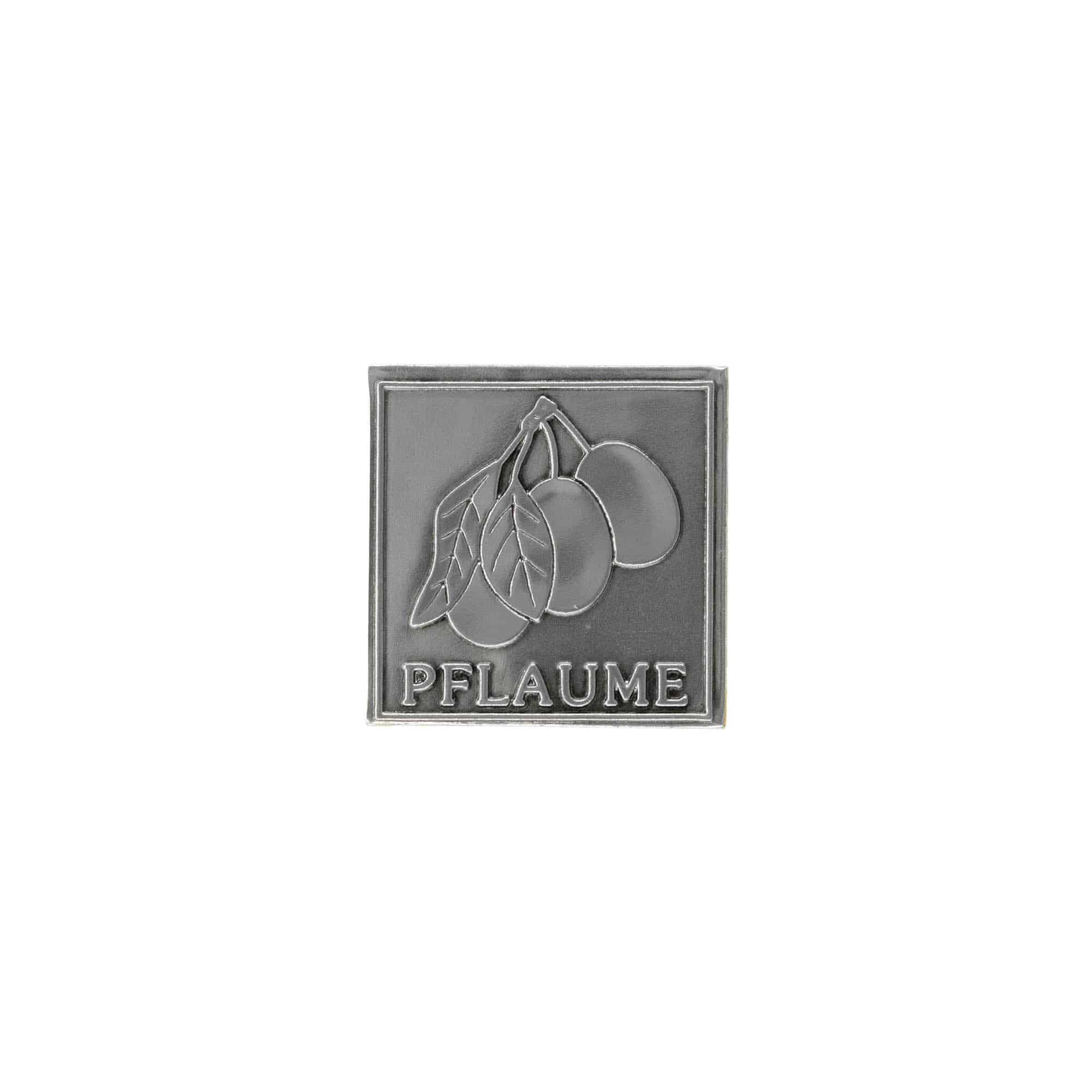 Etichetta metallica 'Prugna', quadrata, stagno, argento