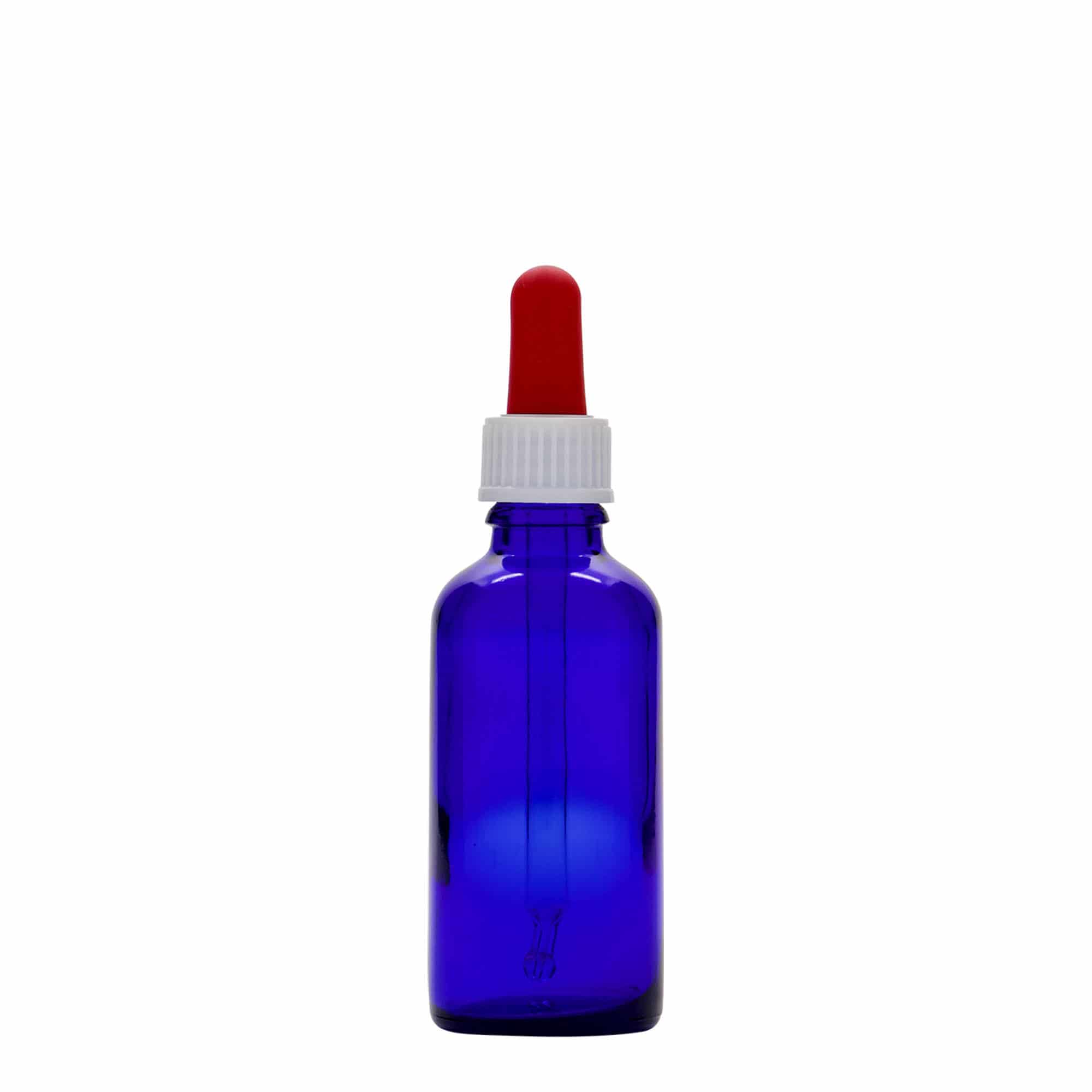 50 ml Flacone con contagocce medicina, vetro, blu reale-rosso, bocca: DIN 18