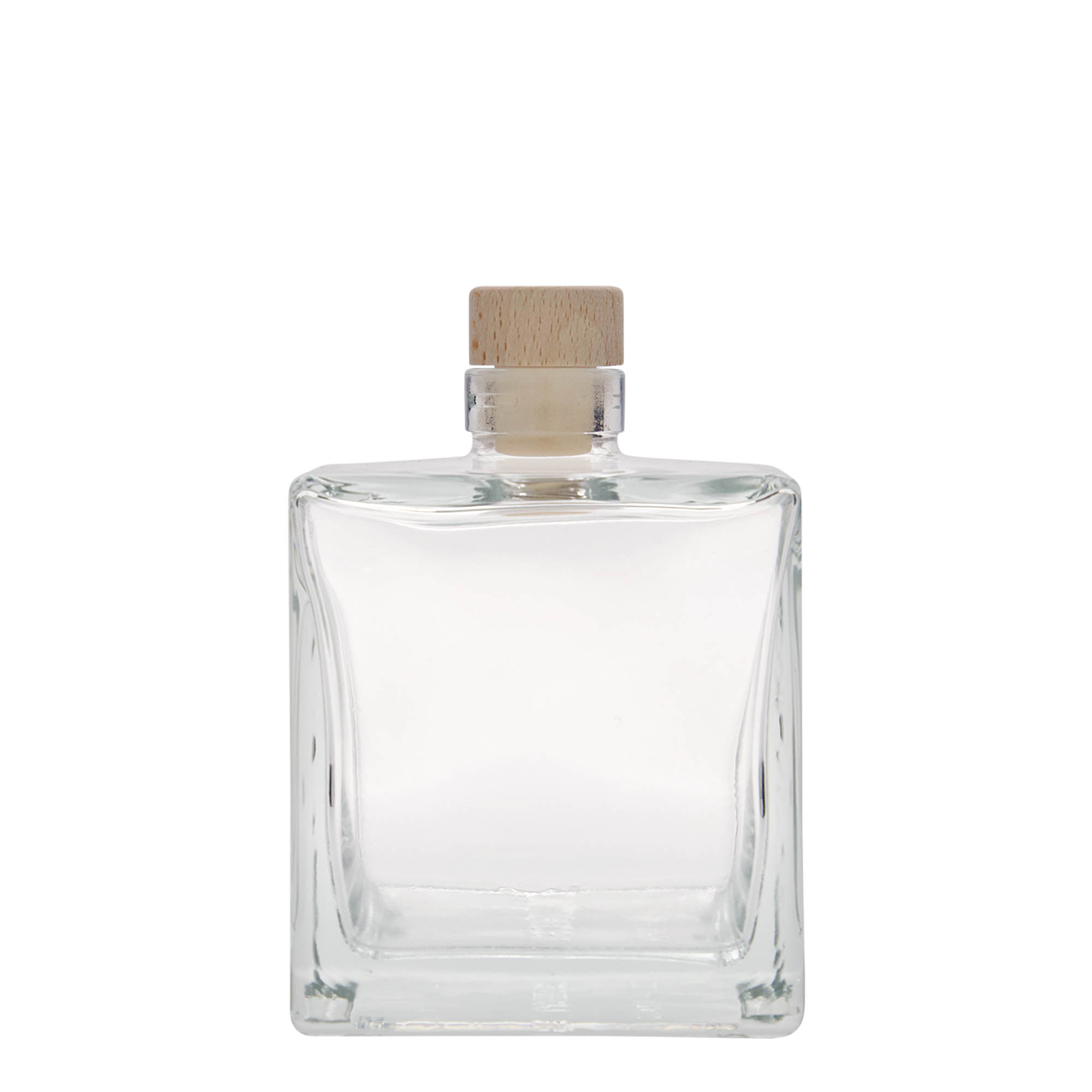 Bottiglia di vetro da 500 ml 'Cube', quadrata, bocca: tappo di sughero Bottiglia di vetro da 500 ml 'Cube', quadrata, bocca: tappo di sughero