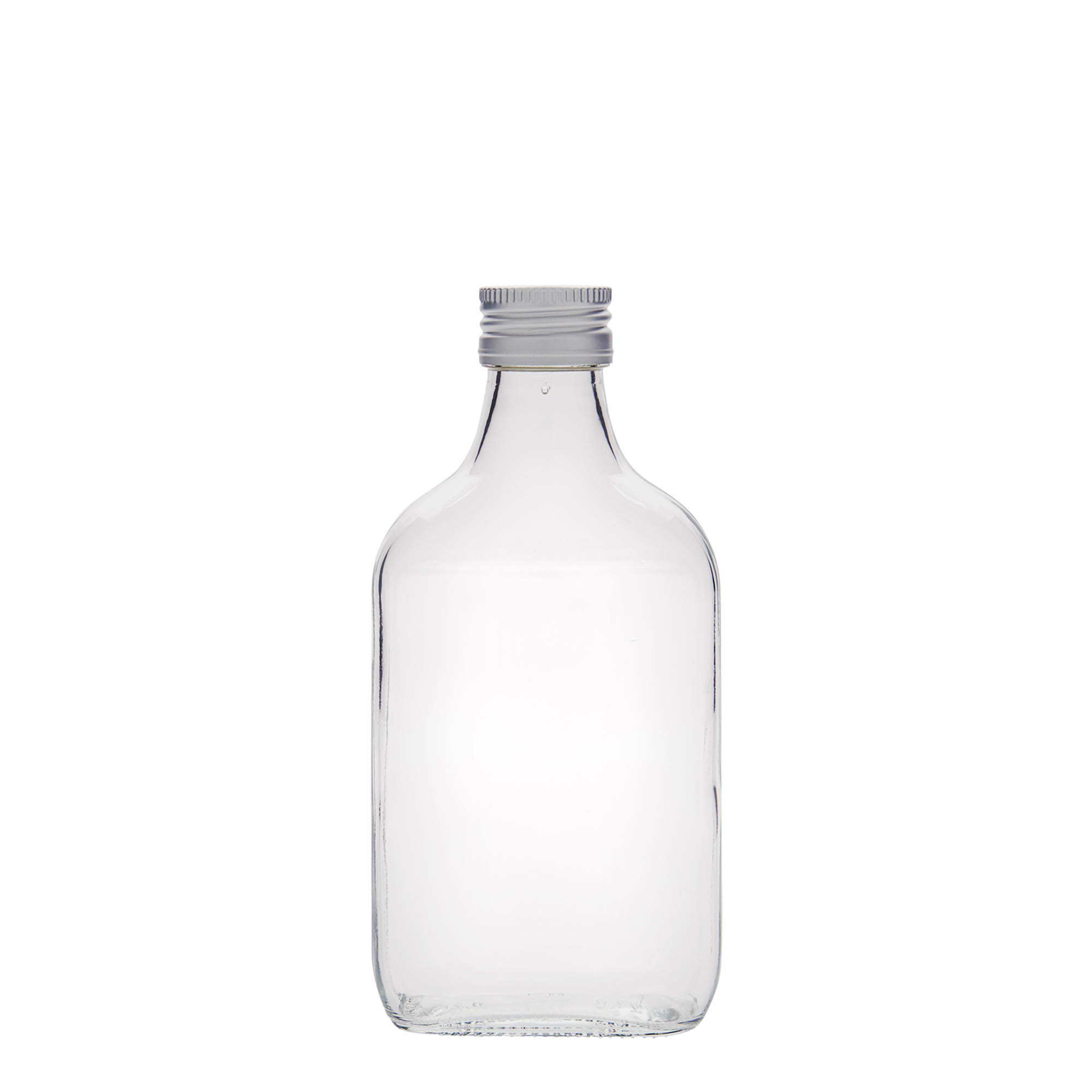 Bottiglia tascabile 200 ml, rettangolare, vetro, bocca: PP 28 Bottiglia tascabile 200 ml, rettangolare, vetro, bocca: PP 28