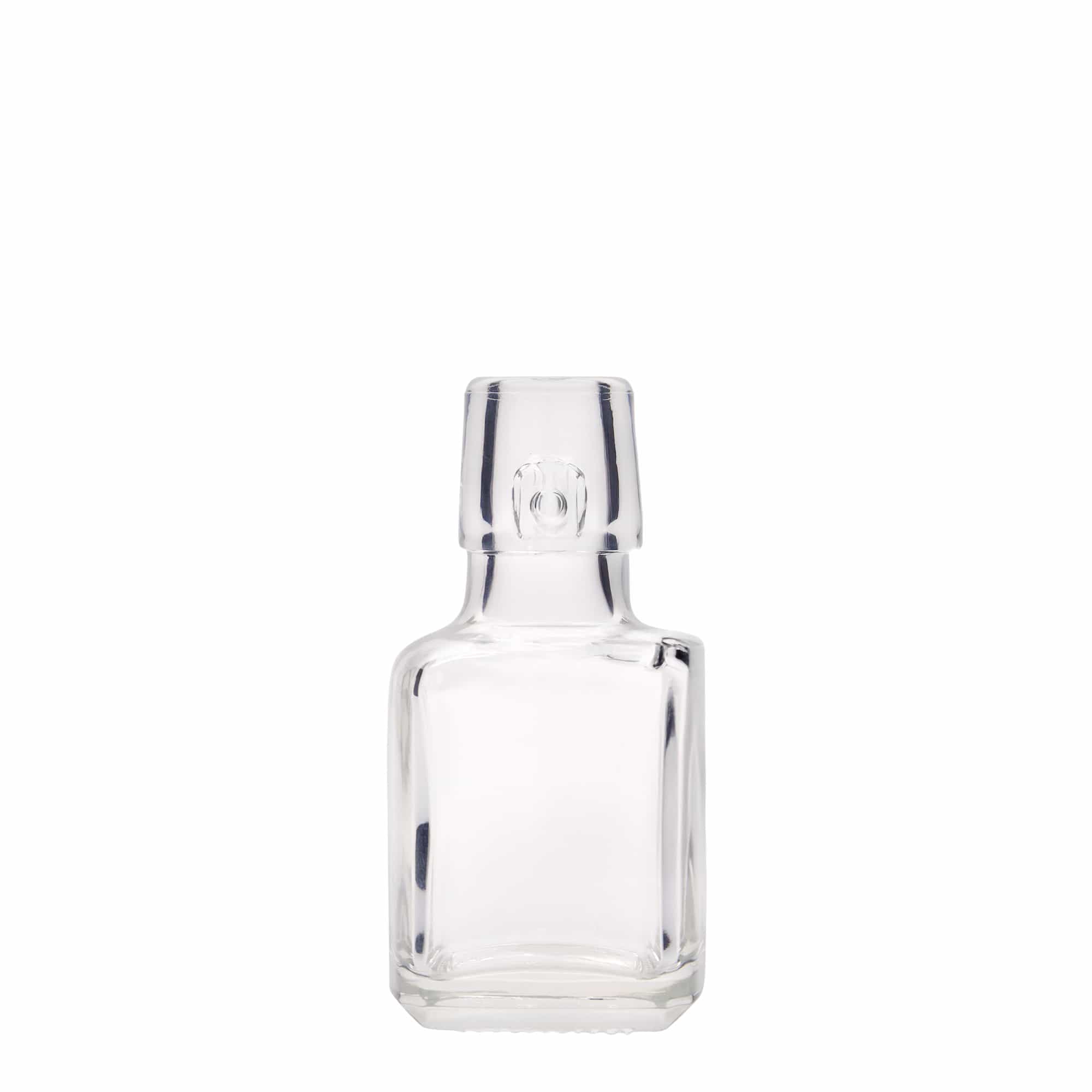 Bottiglia di vetro da 100 ml 'Kubica', quadrata, bocca: chiusura a gancio Bottiglia di vetro da 100 ml 'Kubica', quadrata, bocca: chiusura a gancio