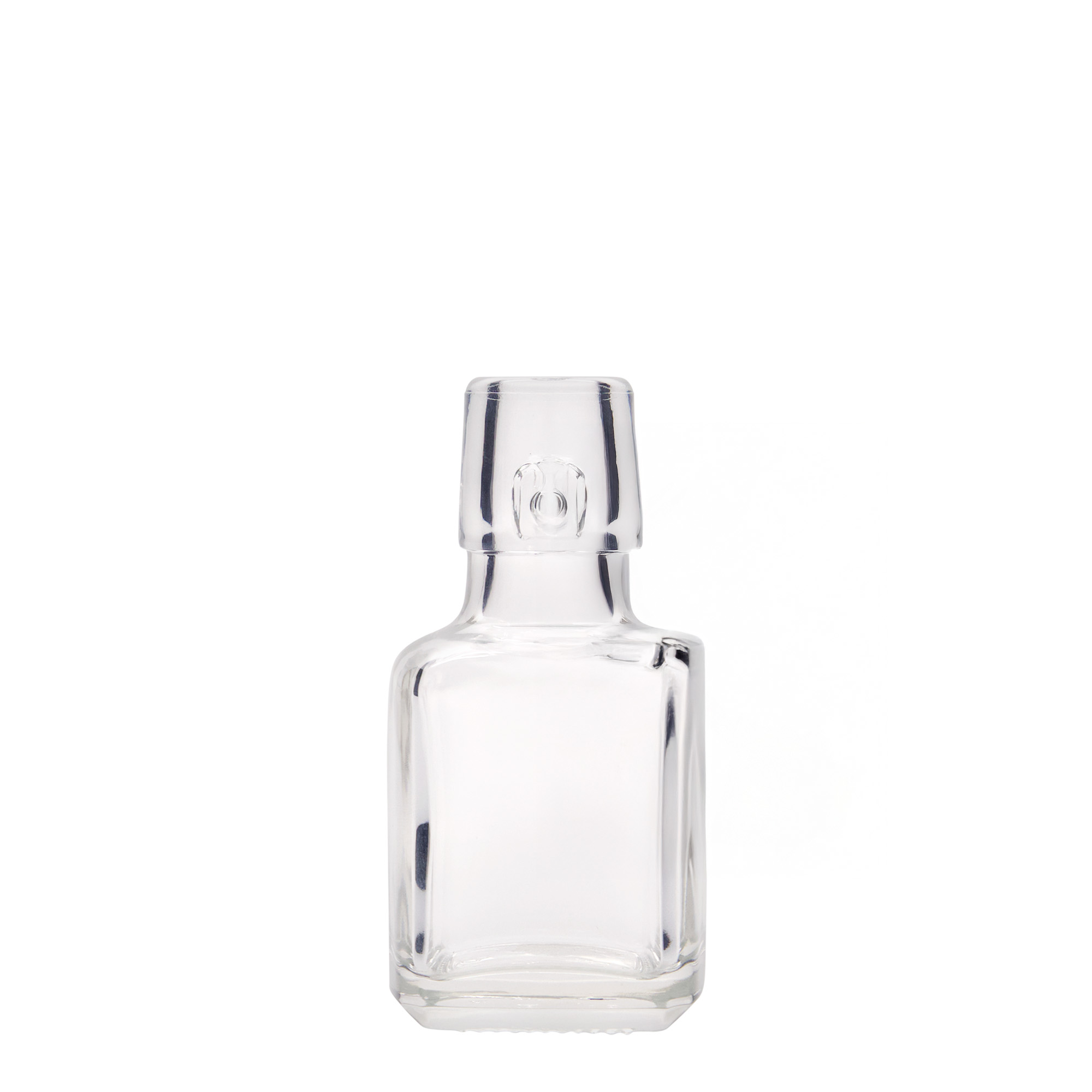 Bottiglia di vetro da 100 ml 'Kubica', quadrata, bocca: chiusura a gancio Bottiglia di vetro da 100 ml 'Kubica', quadrata, bocca: chiusura a gancio