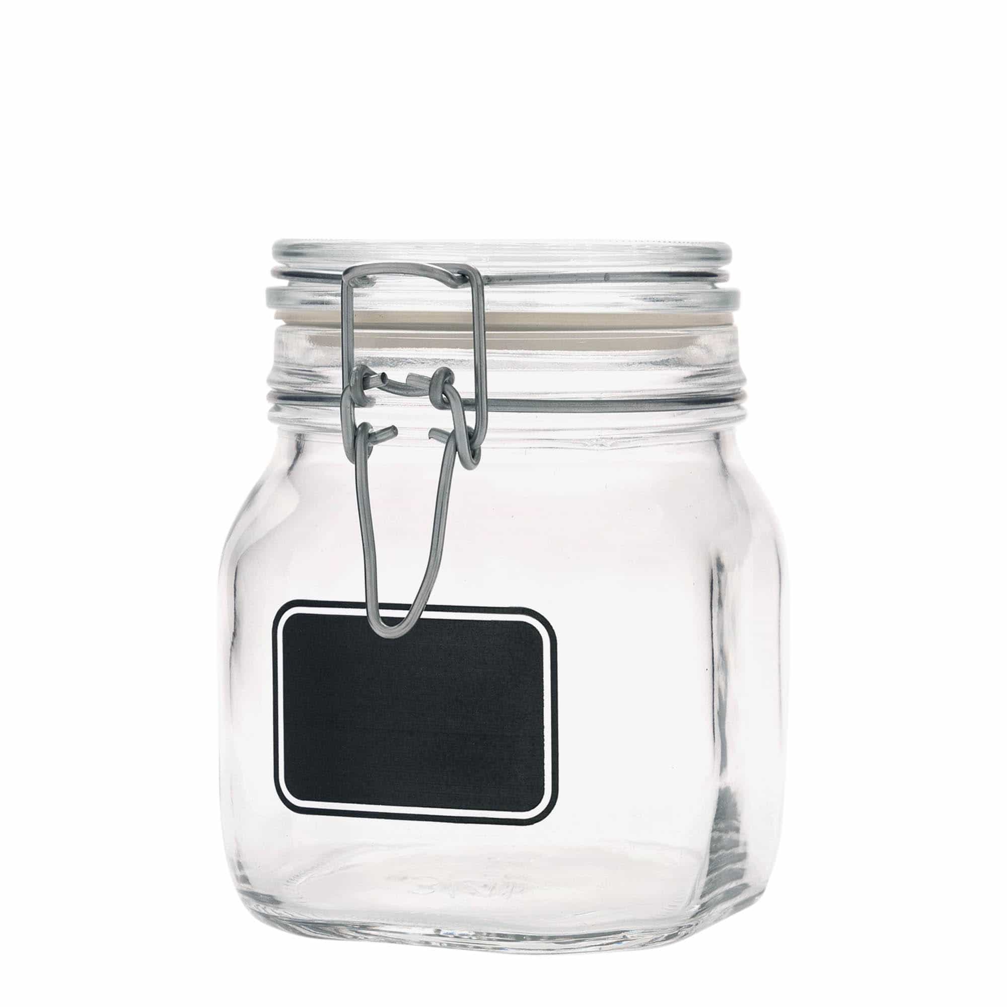 Vaso con chiusura a molla da 750 ml 'Fido', motivo: campo etichetta, quadrato, apertura: chiusura a molla