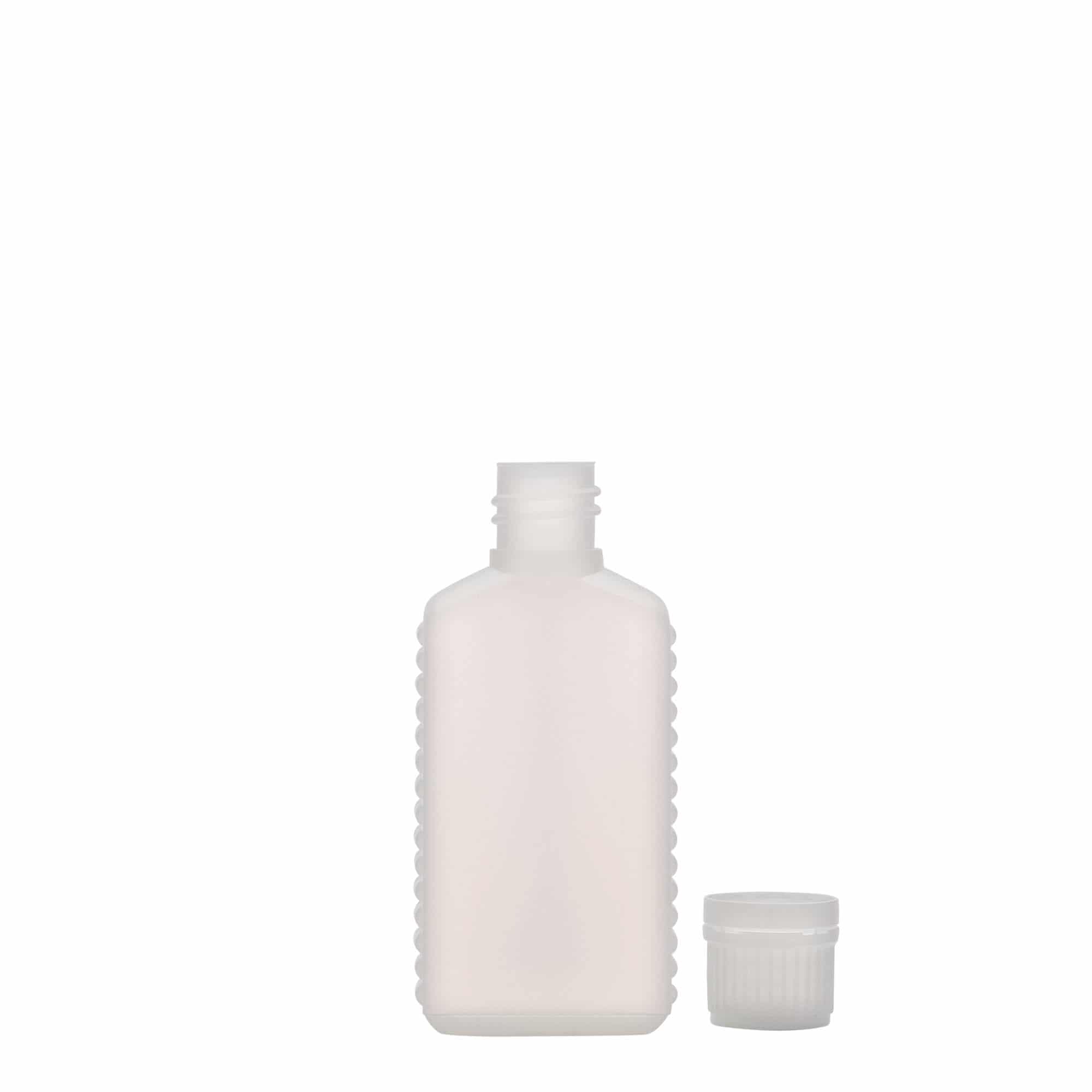 Bottiglia tanica da 50 ml, collo stretto, rettangolare, plastica HDPE, naturale, bocca: DIN 18