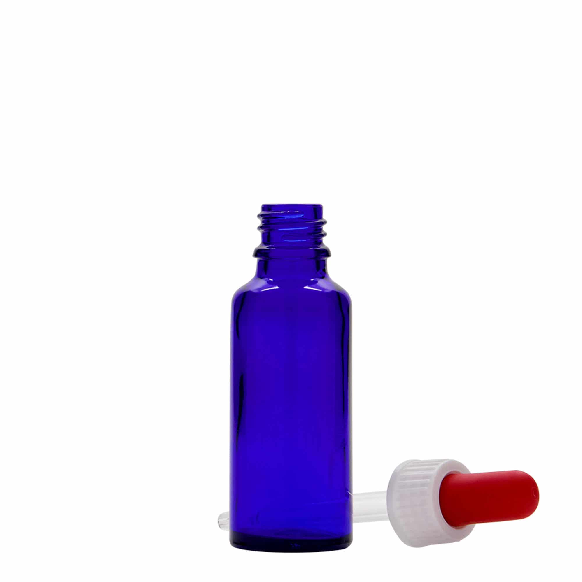 30 ml Boccetta con contagocce , vetro, blu reale-rosso, imboccatura: DIN 18