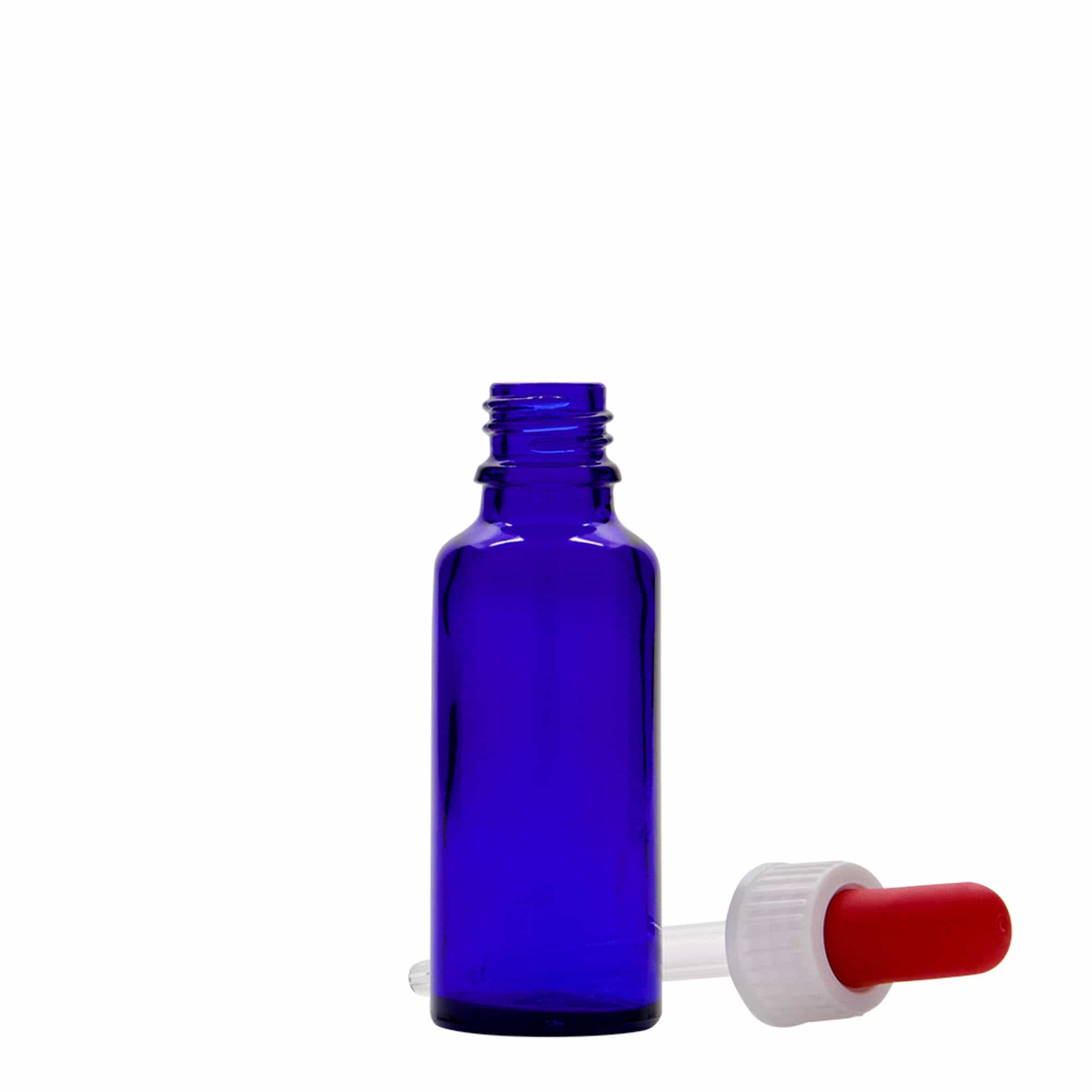 30 ml Flacone con contagocce medicina, vetro, blu reale-rosso, bocca: DIN 18