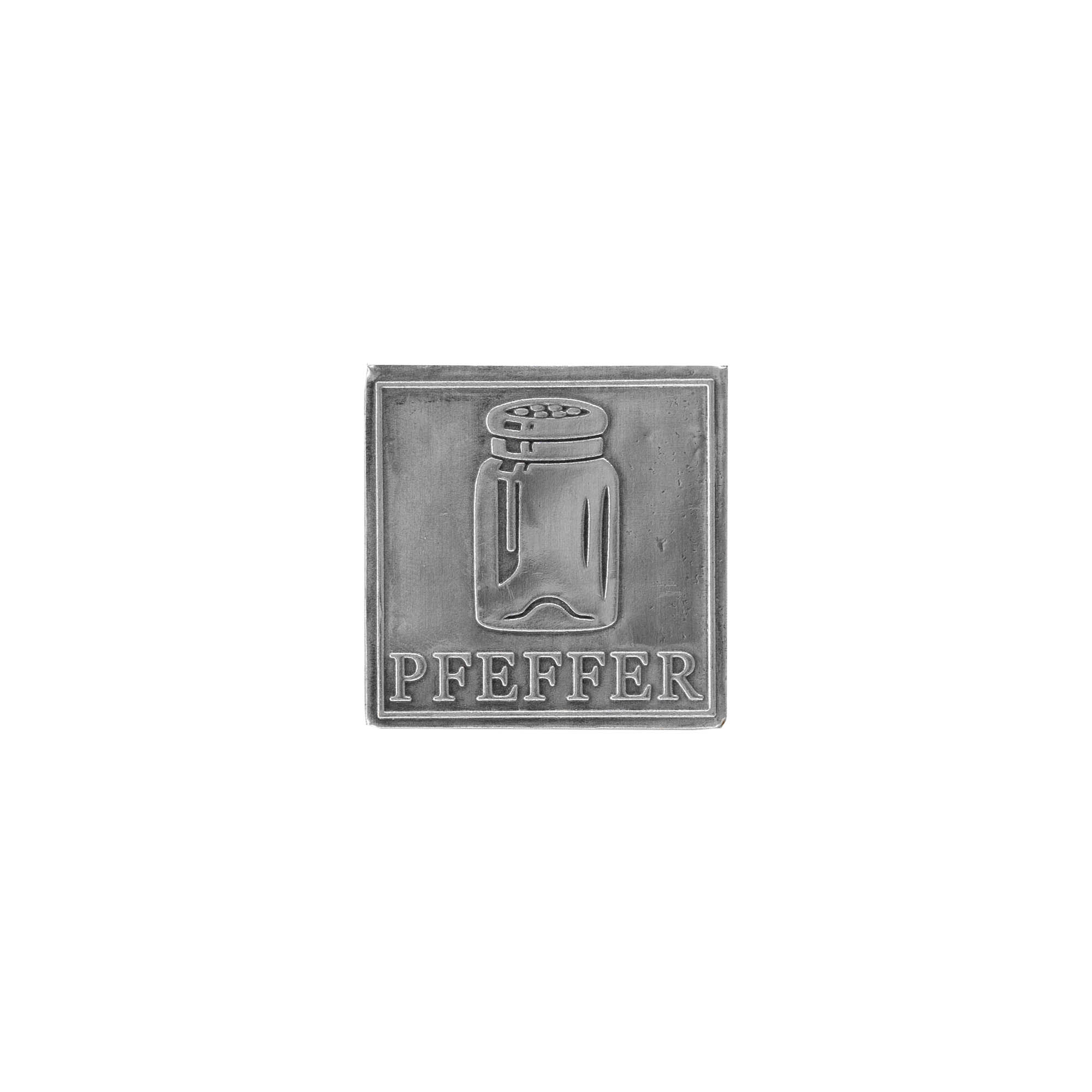Etichetta metallica 'Pepe', quadrata, stagno, argento