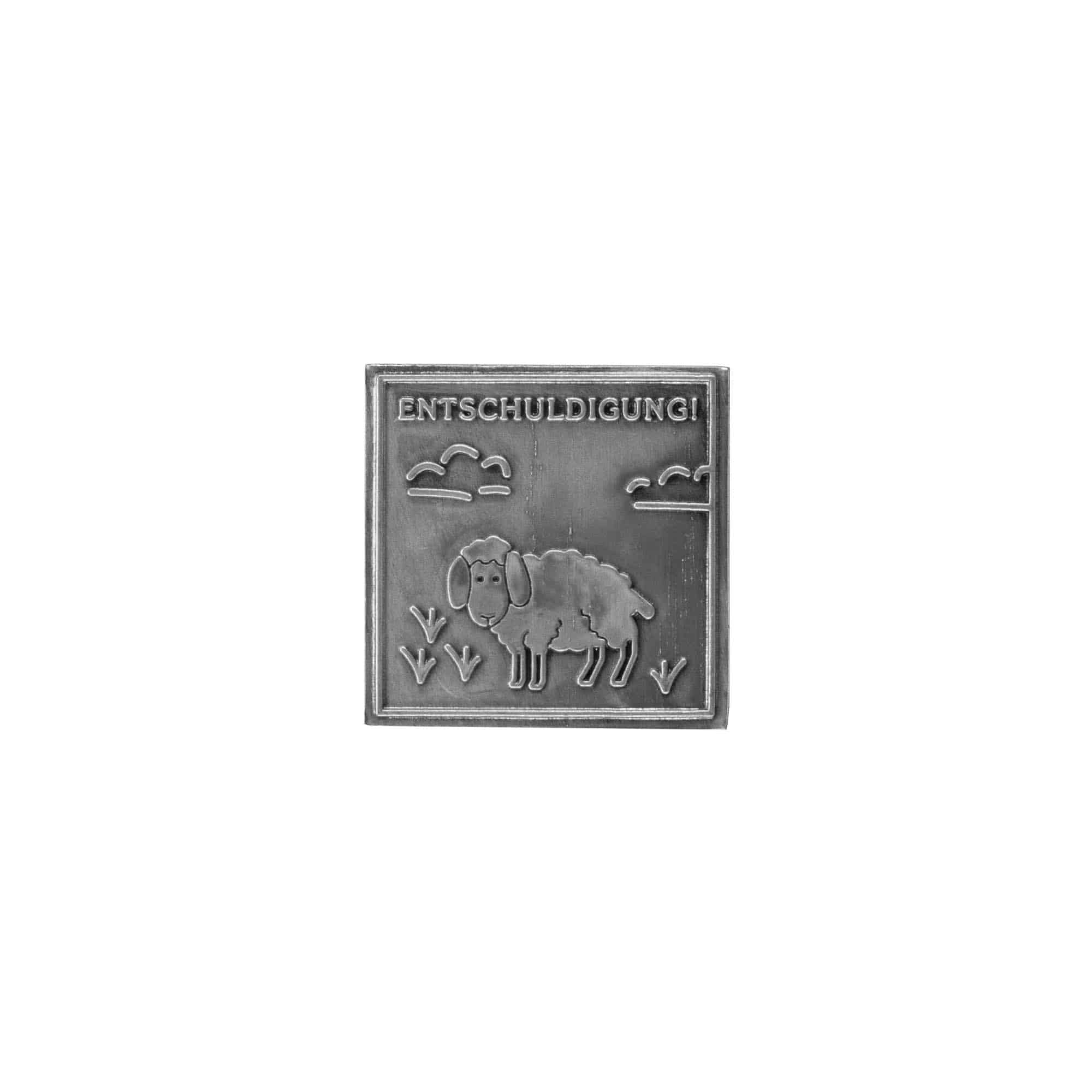 Etichetta in stagno 'Scusa', quadrata, metallo, argento