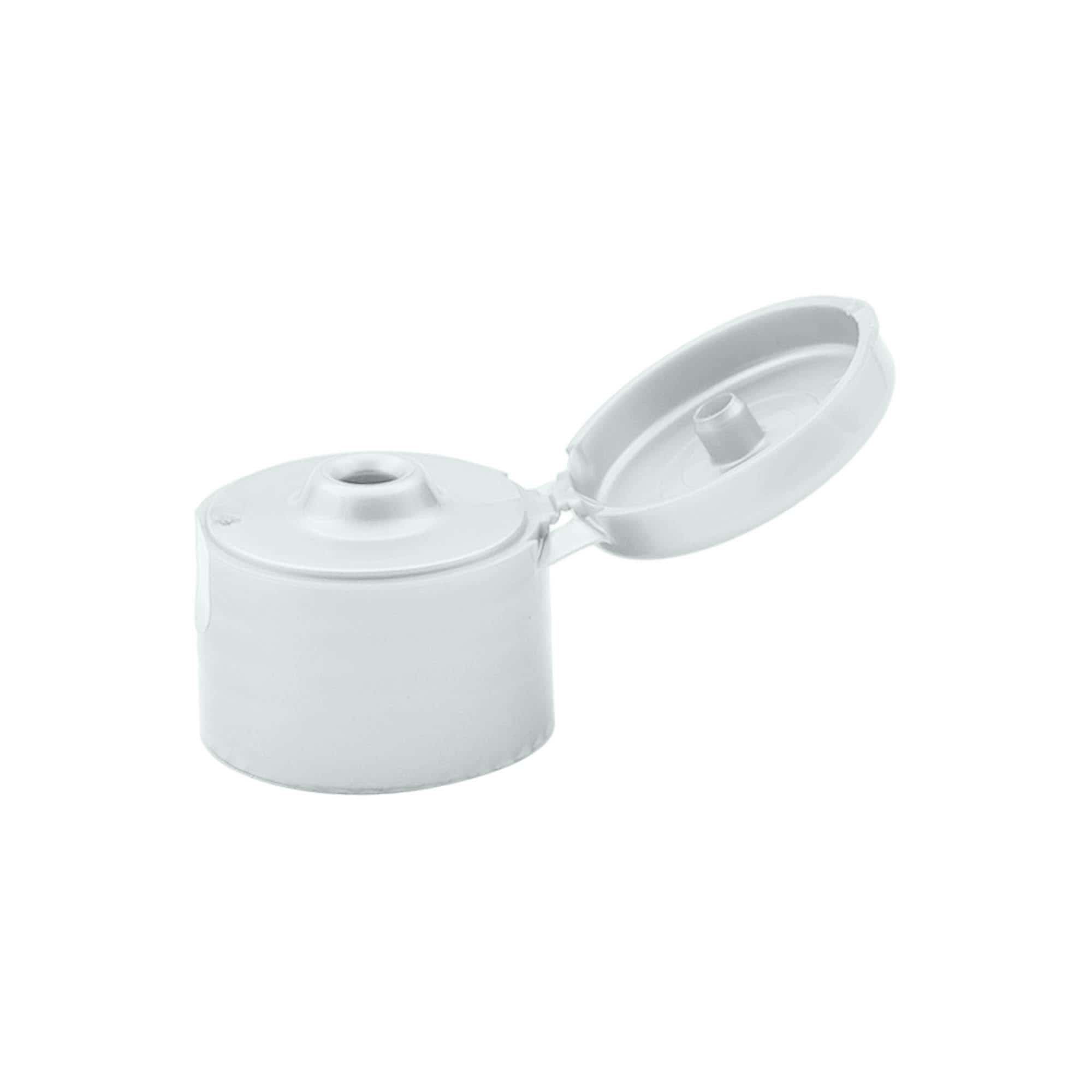 Tappo a vite con cerniera a ribalta, plastica PP, argento, per bocca: 24/410 Tappo a vite con cerniera a ribalta, plastica PP, argento, per bocca: 24/410